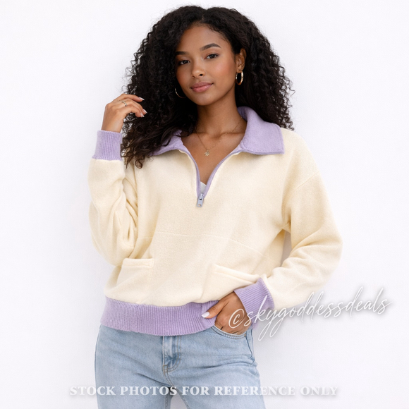 Papermoon Sweaters - Papermoon Women M Pastel Half Zip Coquette Sweater Lavender Cream NWT